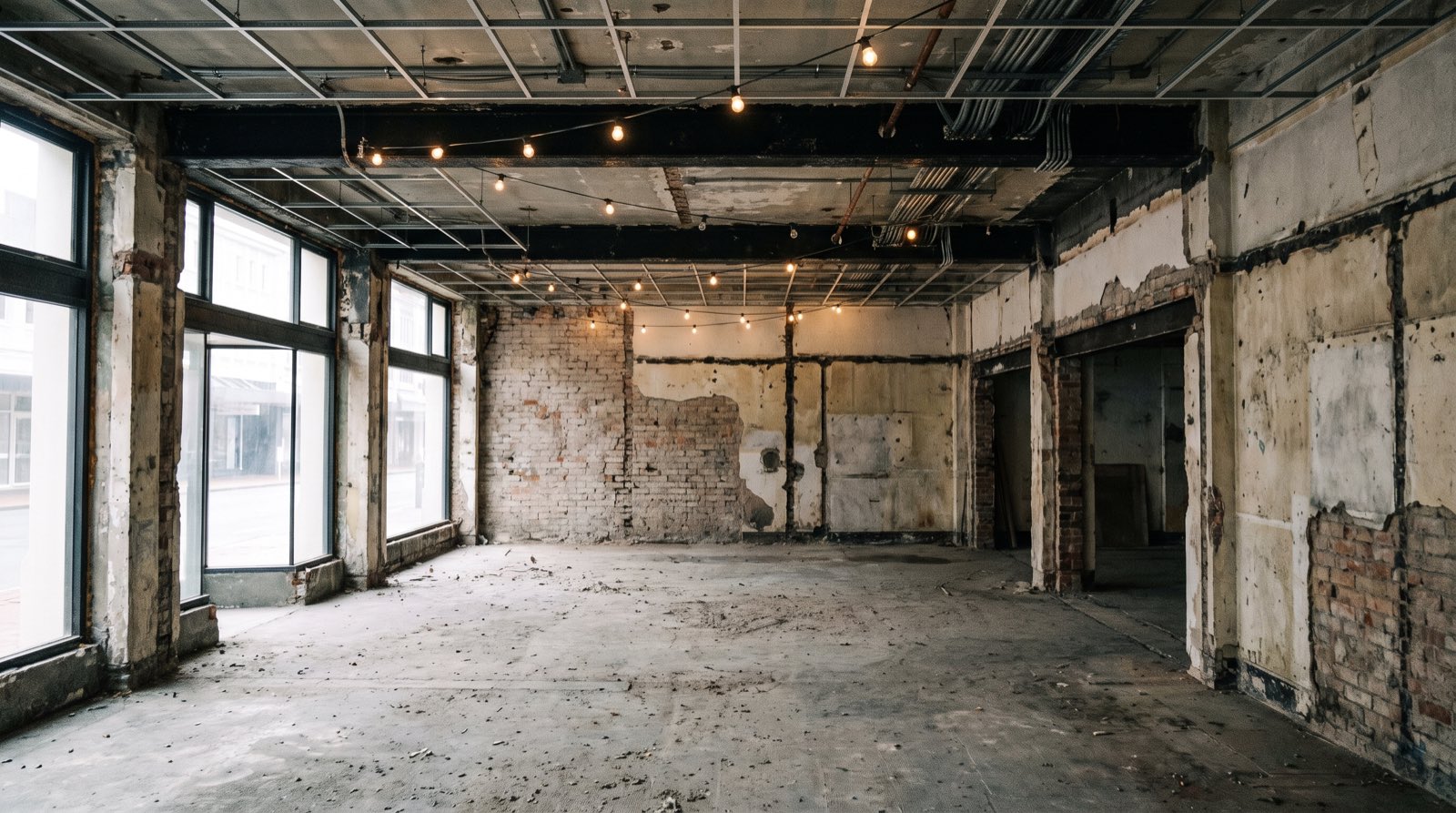 Retail tenancy stripped back to the shell, old conduit exposed