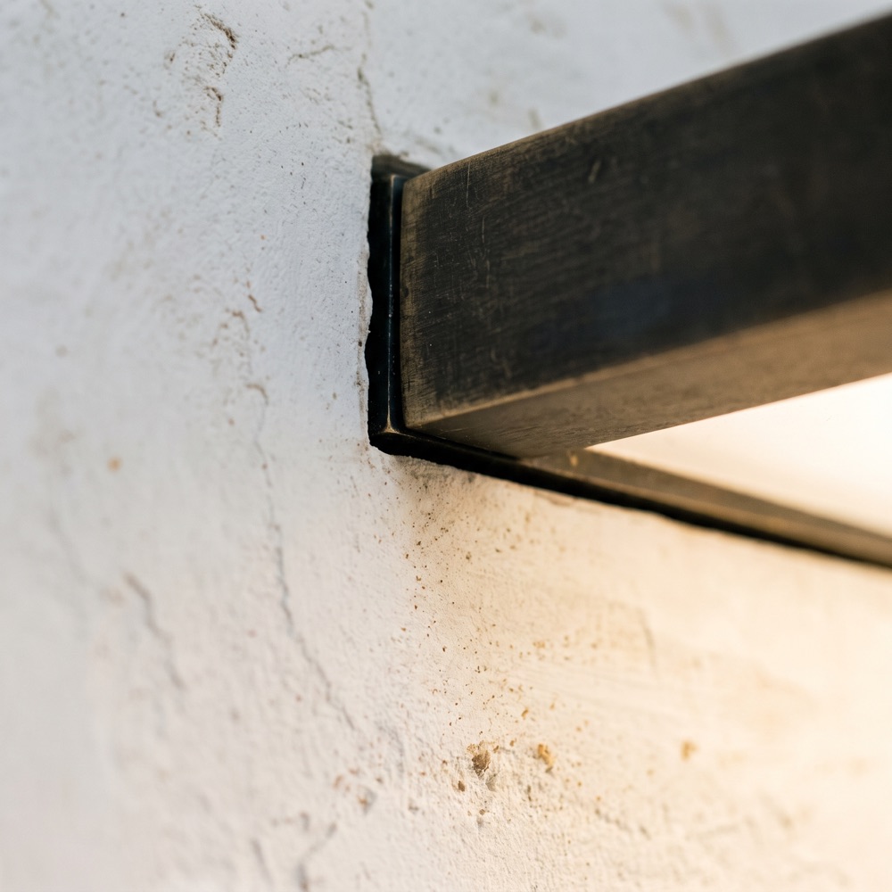 Bespoke blackened-brass linear fitting flush into lime plaster