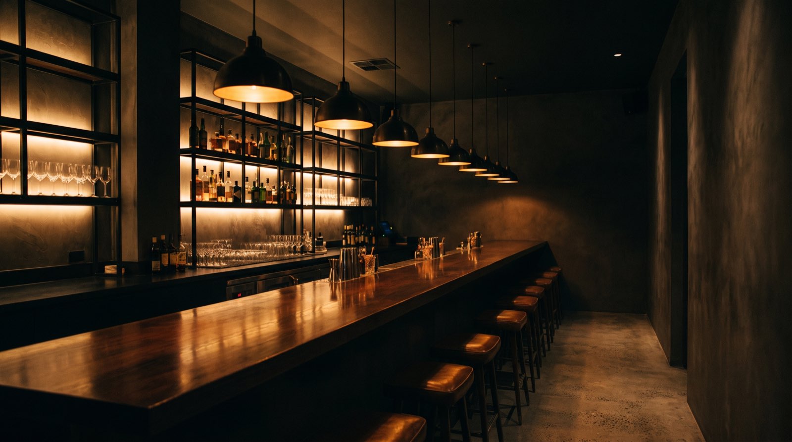Dark bar interior with lit back-bar shelving and low pendants, Little Culprit
