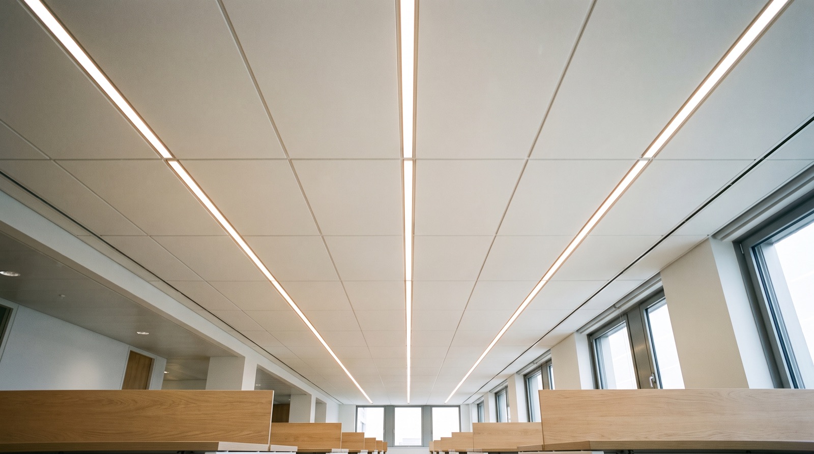 The finished ceiling, luminaires aligned to every grid line