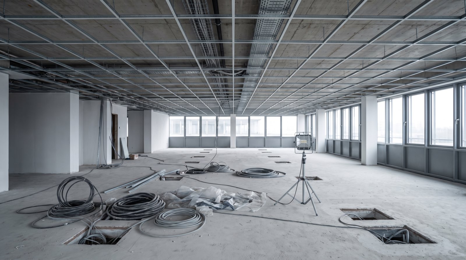 The floor under construction, ceiling grid open and trays being run