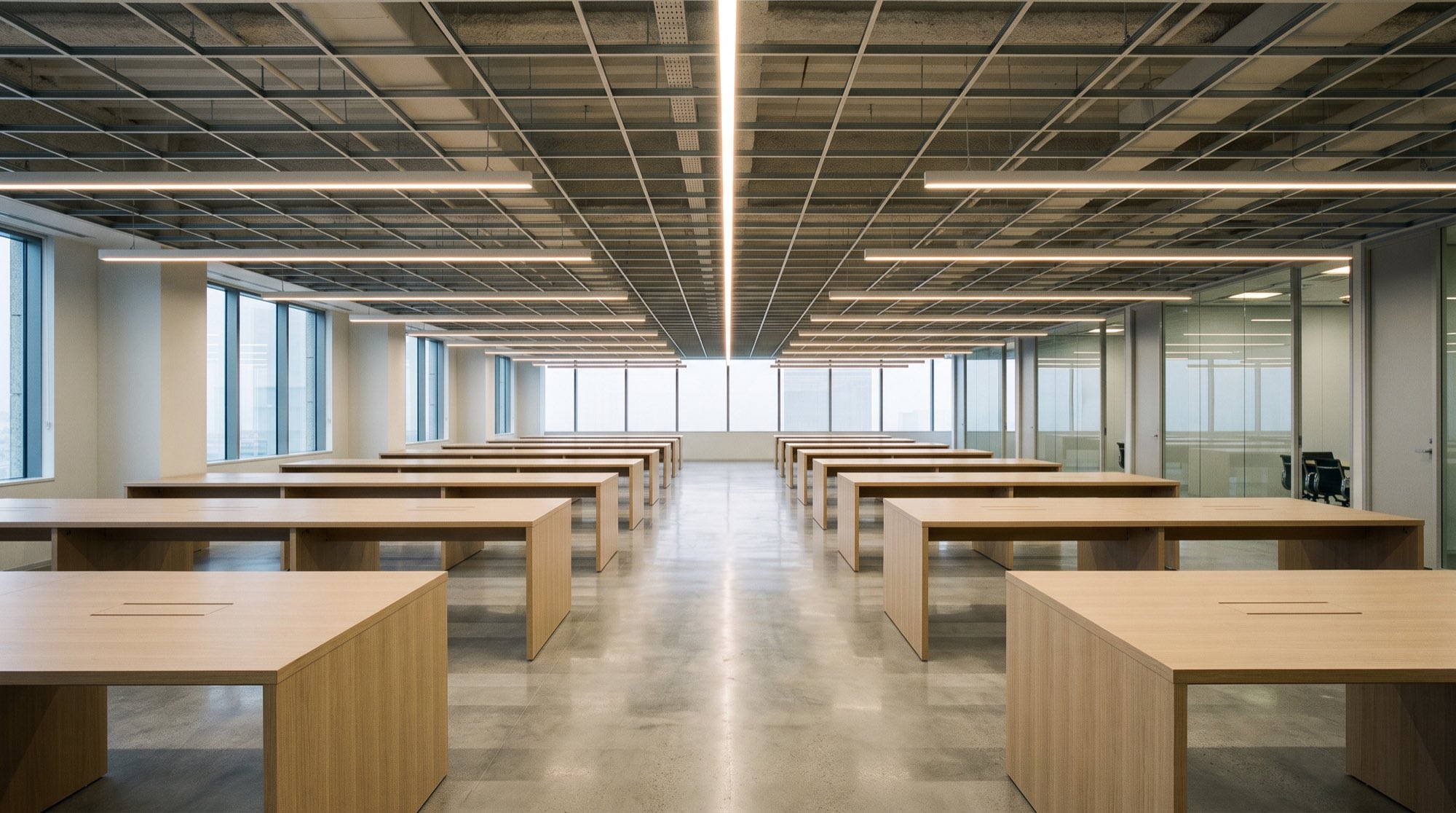 Open-plan office floor with linear LED set on the ceiling grid, Heartland Bank