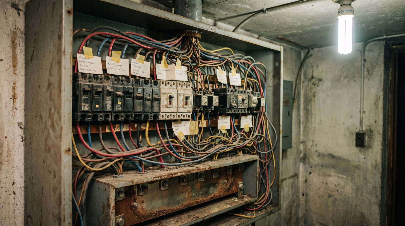 The original main switchboard, crowded and unlabelled