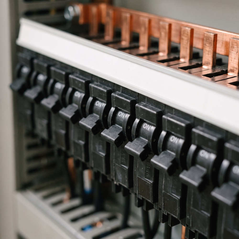 A row of new circuit breakers, toggles aligned