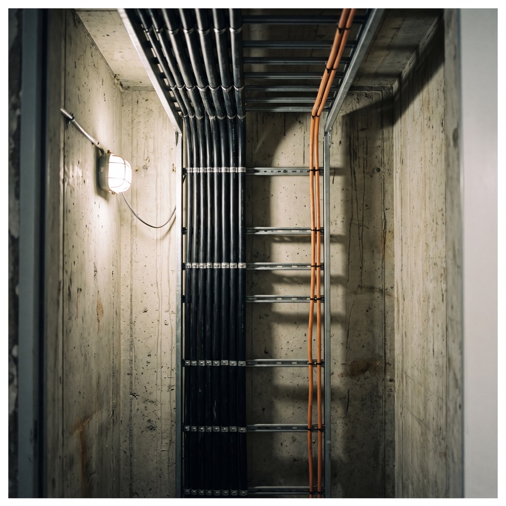 Power cables strapped to cable ladder in the services riser