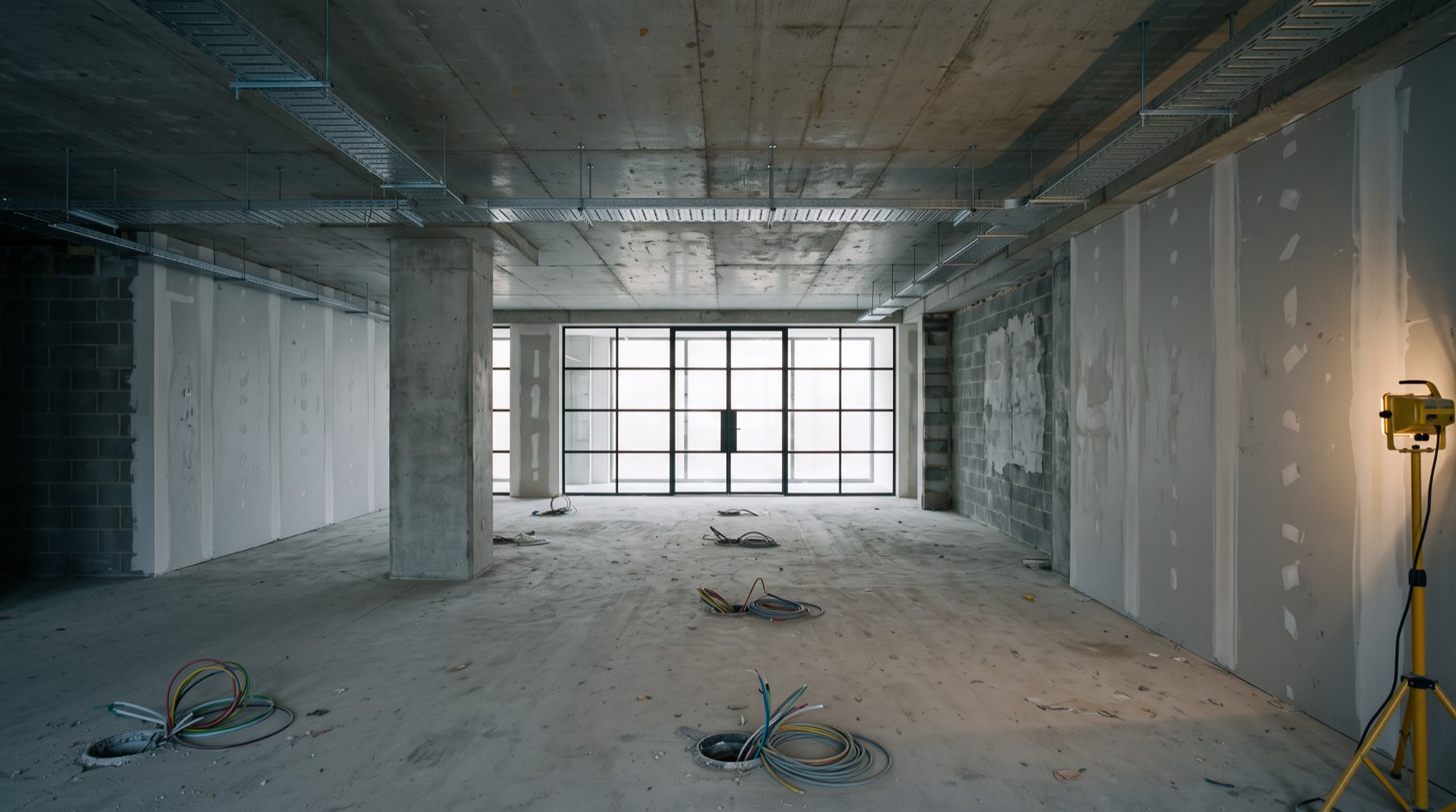 An office floor mid-fit-out: bare soffit, cable tray overhead, dust on the slab, one site work light